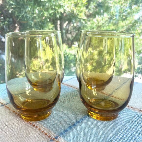 Vintage Mid-Century Amber Glass Tumblers – Set of 4 Lowball Style Glasses - Picture 2 of 10
